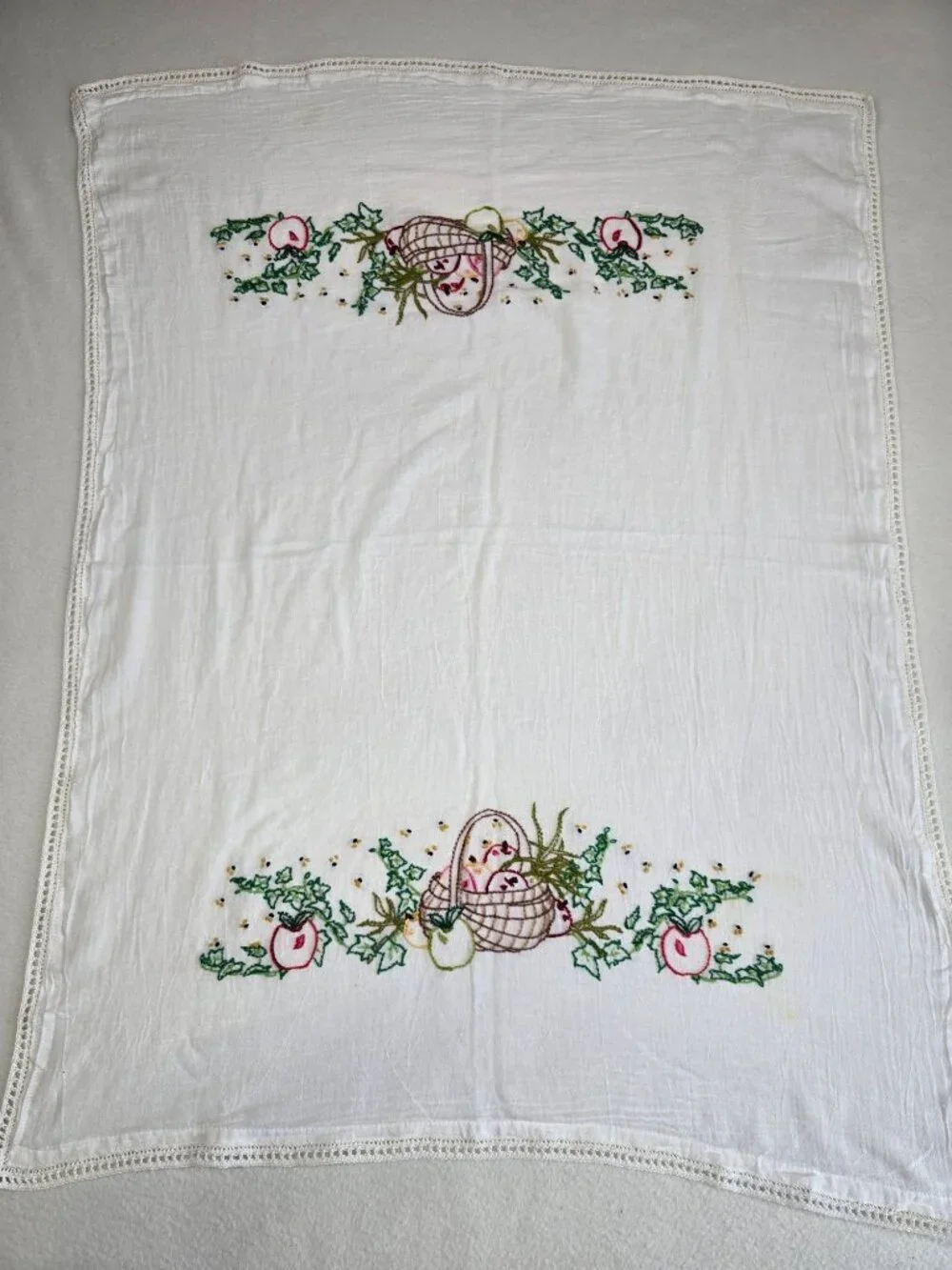 Vintage Hand-Embroidered Cotton Tablecloth Tea Towel Apple Basket Design Crochet